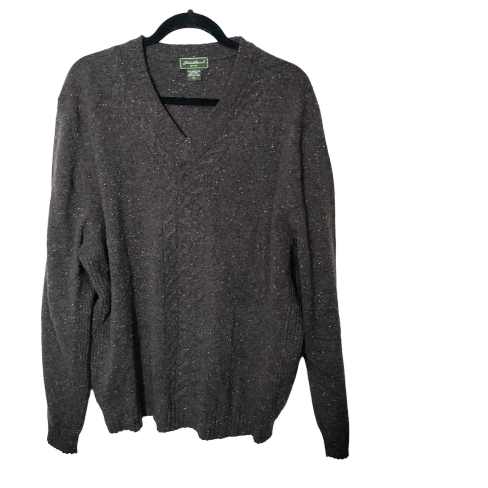 Eddie Bauer Mens Xl Brown Lambswool Camel Hair V-Neck Donegal Cable Knit Sweater